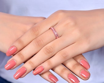 14k Rose Gold Ruby Wedding Band: Diamond Micro Pave Anniversary Ring