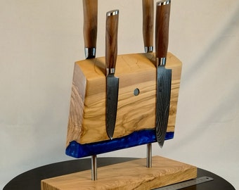 Bloque magnético para cuchillos XL madera de olivo 7 cuchillos - portacuchillos - pieza única hecha a mano