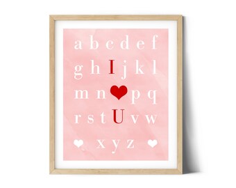 Valentine's Art Printable, Playroom Kid's Room or Classroom Art, I Love You Alphabet, Pink Wall Art, Valentine's Decor, Gift Tag