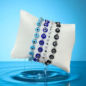 Evil Eye Protection Bracelet: Blue , Black, or Clear Glass Beads, Silver Hematite, Greek Wristlet