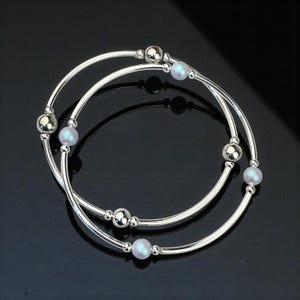 Pearl Bangle: Dreamy Blue or White Brilliance Crystal Pearls, 925 Sterling Silver Gratitude  Bracelet