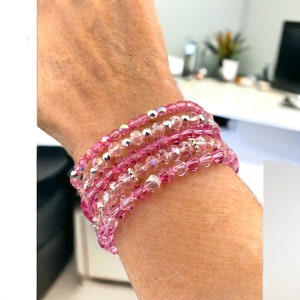 Bohemian PINK CRYSTALS Bracelet, Beaded Dainty Women's Stackable ...