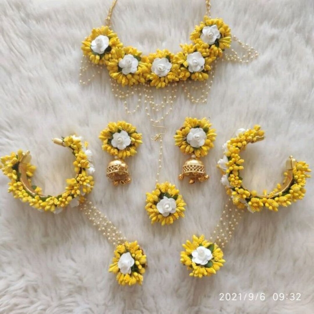 Yellow Gotta Patti Flower Jewelry Set Haldi Jewelry Set Etsy