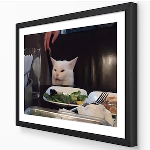 May include: Framed print featuring a white cat with a displeased expression, seated at a table with a plate of salad and a fork. The cat is the focal point, with a hand reaching in from the top. The frame is black.