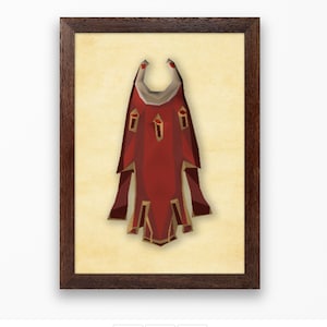 Op de afbeelding: Ingelijste print met een gestileerd rood en goud cape-ontwerp. Het kunstwerk heeft een middeleeuws fantasiethema, met een gedetailleerde illustratie van de cape tegen een perkamentachtige achtergrond. De lijst is donkerbruin.