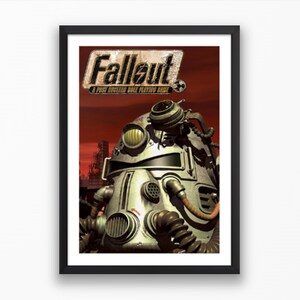 K&ouml;nnte beinhalten: Gerahmtes Fallout-Poster mit einer detaillierten Illustration eines futuristischen Roboterkopfes mit Helm und Atemschutzmaske. Das Poster hat einen rot-orangen Hintergrund mit dem Logo und Text des Spiels. Das Poster ist in einem schwarzen Rahmen.