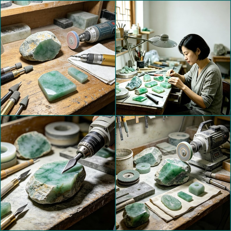 May include: A collection of jade stones in various stages of being crafted. The image shows a woman working with jade, along with tools like grinders and drills. The jade pieces vary in size and shape, with a predominant green color.