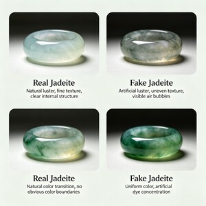 May include: Four jadeite rings are displayed, two labeled "Real Jadeite" and two "Fake Jadeite." The real jadeite rings have natural luster and fine texture, while the fake ones show artificial luster and air bubbles. The text describes the differences.