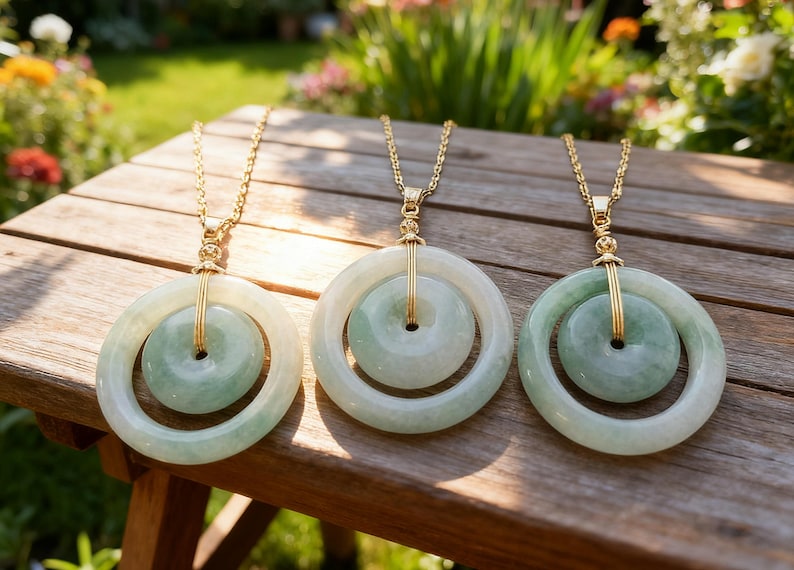 May include: Three jade pendant necklaces with gold chains rest on a wooden surface. Each pendant features a light green, circular jade stone within a larger, matching circular frame. The necklaces are displayed outdoors.