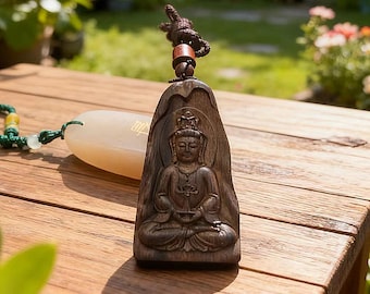 Guanyin Pendant Necklace • Carved Buddha Wood Necklace • Buddhist Protection Amulet • Zen Meditation