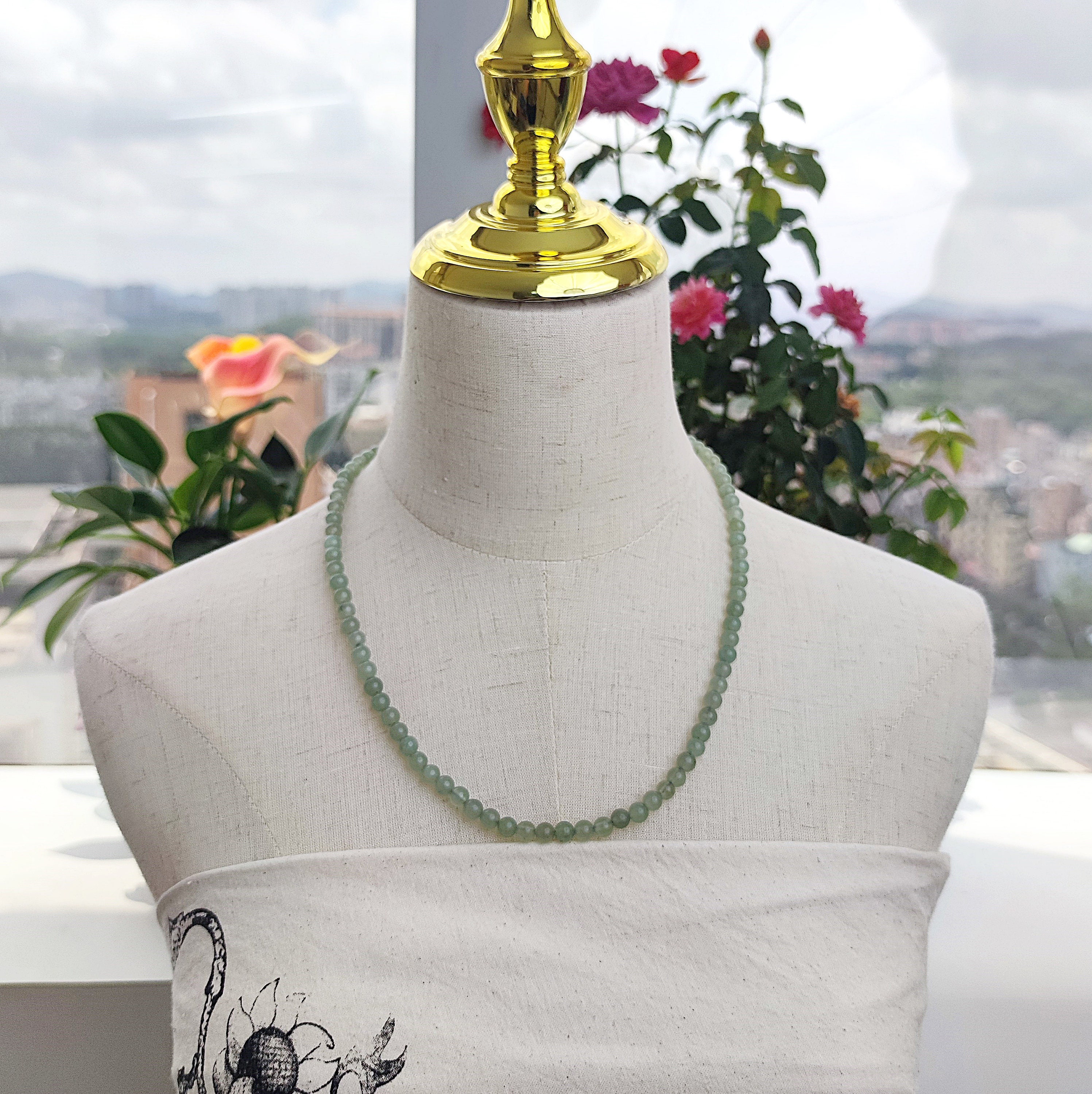 Collier En Serpentine Naturelle 8 Mm - 48 Perles Vertes Et Blanches, Longueur Ajustable 40+8 Cm, Pierre Semi-précieuse