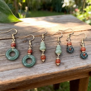 Green Jadeite Drop Earrings: 18K Gold Filled Steel, Grade A