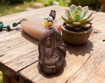 Guanyin Pendant Necklace • Carved Buddha Wood Necklace • Buddhist Protection Amulet • Zen Meditation