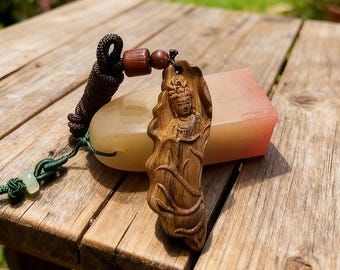 Guanyin Pendant Necklace • Carved Buddha Wood Necklace • Buddhist Protection Amulet • Zen Meditation