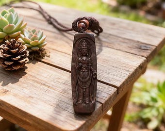 Guanyin Pendant Necklace • Carved Buddha Wood Necklace • Buddhist Protection Amulet • Zen Meditation