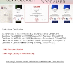 May include: Image featuring certificates and text related to gemmology and jewellery appraisal. Includes certifications from Brunel University, AIGS, and others. Text highlights professional certifications, premium design, and high-quality workmanship.