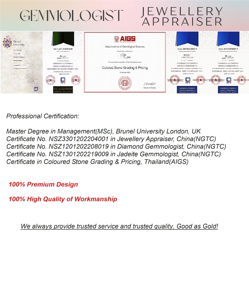 May include: Image featuring certificates and text related to gemmology and jewellery appraisal. Includes certifications from Brunel University, AIGS, and others. Text highlights professional certifications, premium design, and high-quality workmanship.
