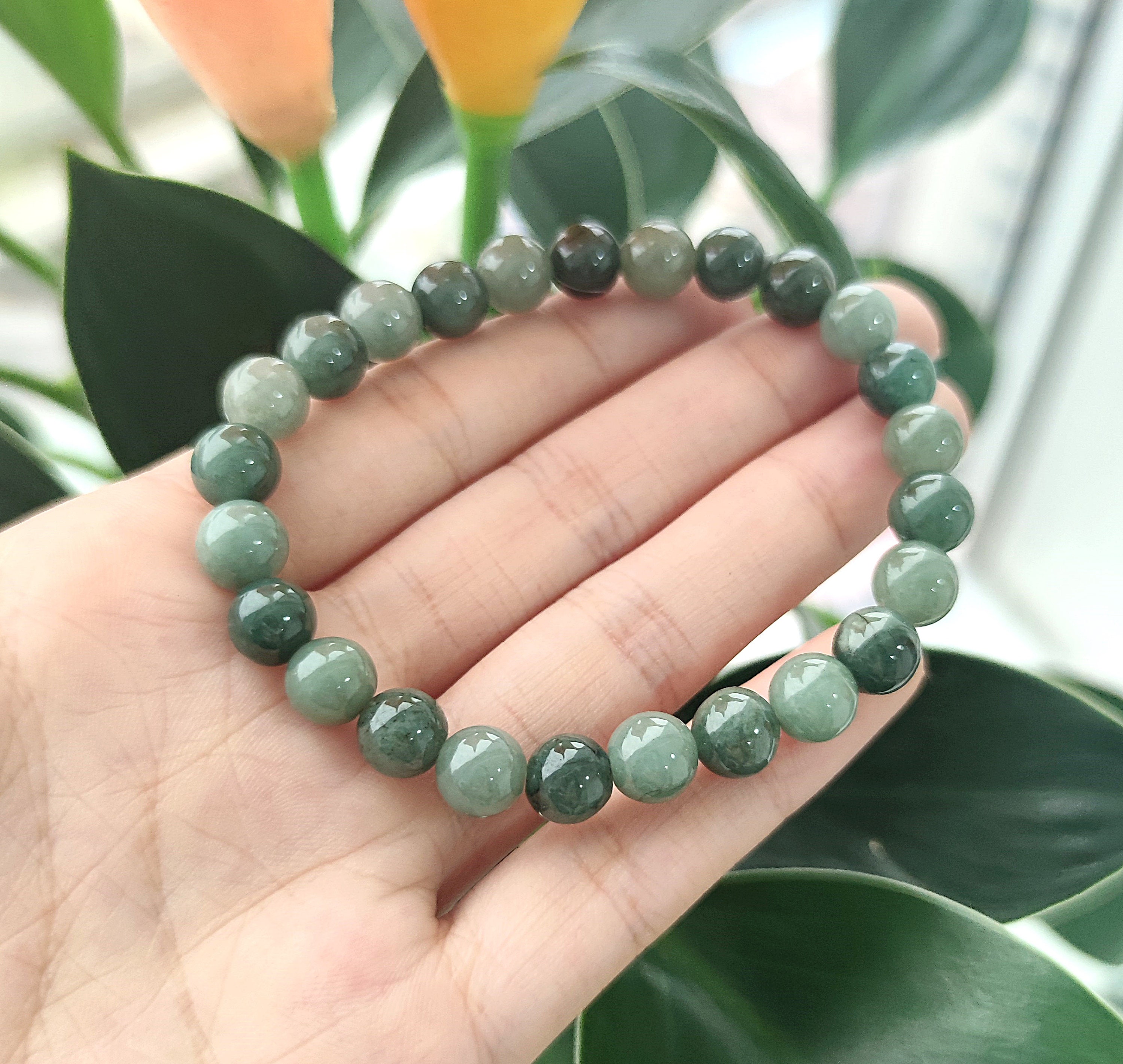 8mm 本物の翡翠ビーズブレスレット - 100%天然翡翠宝石 - Etsy 日本