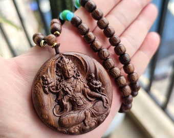 Authentique collier pendentif Bouddha Guanyin en bois naturel, bois d'agar