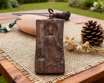 Guanyin Pendant Necklace • Carved Buddha Wood Necklace • Buddhist Protection Amulet • Zen Meditation