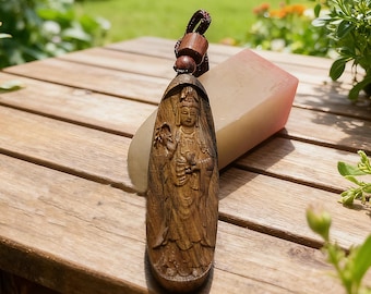 Guanyin Pendant Necklace • Carved Buddha Wood Necklace • Buddhist Protection Amulet • Zen Meditation
