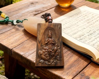 Samantabhadra Bodhisattva Pendant Necklace • Carved Buddha Wood Necklace • Buddhist Protection Amulet • Zen Meditation