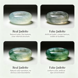May include: Four jadeite rings are displayed, two labeled "Real Jadeite" and two "Fake Jadeite." The real rings show natural luster and fine texture, while the fake rings have artificial luster. The text describes the differences in color and internal structure.