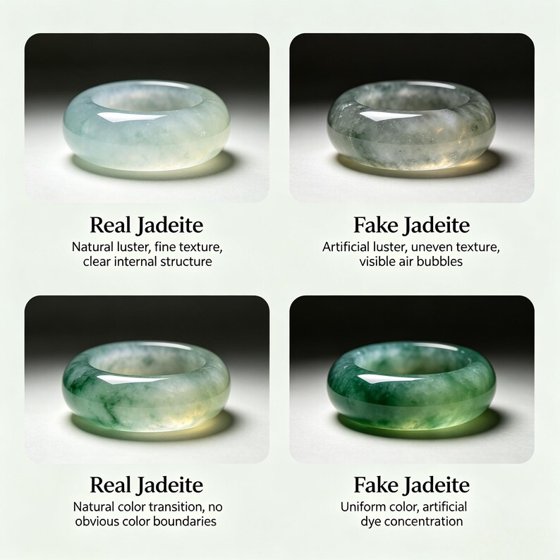 May include: Four jadeite rings are displayed, two labeled "Real Jadeite" and two "Fake Jadeite." The real rings show natural luster and fine texture, while the fake rings have artificial luster. The text describes the differences in color and internal structure.