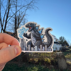 Godzilla Destroying The City Sticker - Retro Kaiju Monster Decal - Vinyl Sticker for Laptops, Water Bottles, and More