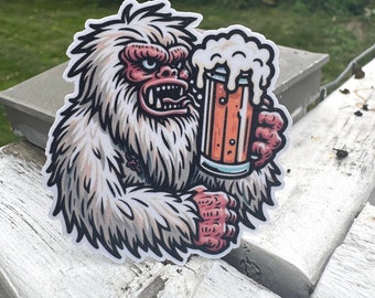 Yeti with Beer Sticker | Funny Yeti Sticker | Bigfoot Sticker | Beer Lover Gift | Vinyl Sticker - Fun Laptop Decal for Beer Lovers