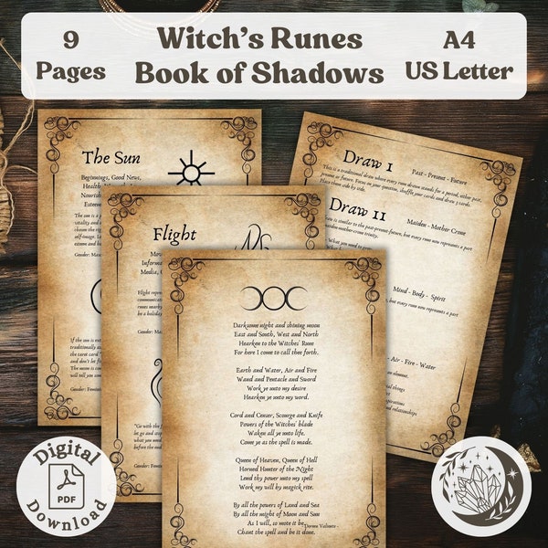 Witch's Runes Book of Shadows: 9 printable grimoire pages with keywords, meaning and spread for witches rune divination and magical practice