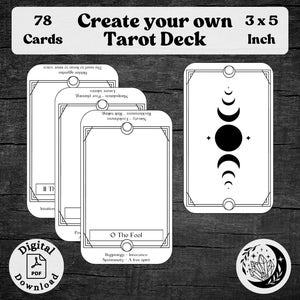 Creëer je eigen tarotdeck met 78 afdrukbare kaarten inclusief trefwoorden, een aangepast orakelhulpmiddel voor spirituele waarzeggerij