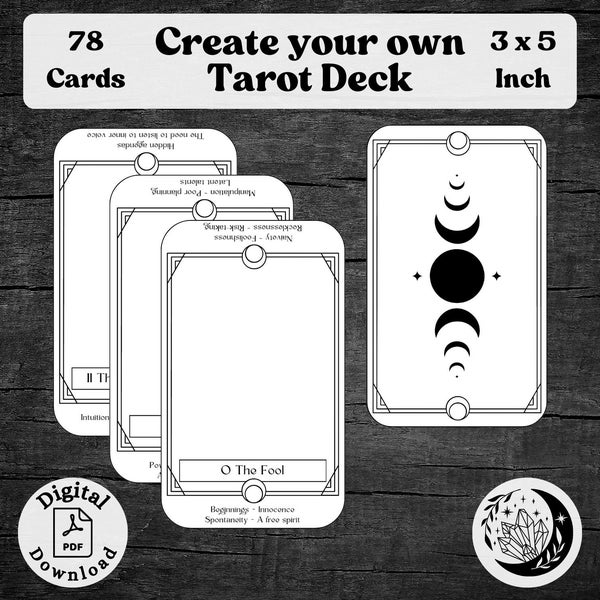 Crea tu propia baraja de tarot con 78 cartas imprimibles que incluyen palabras clave, una herramienta de oráculo personalizada para la práctica de adivinación espiritual