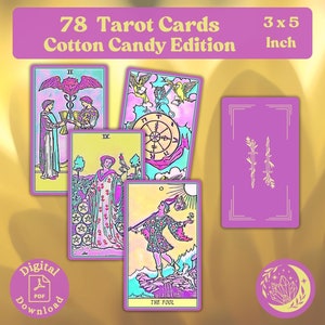 Cotton Candy Tarot Deck: Complete set van 78 grote afdrukbare Oracle-kaarten met zachte pastelkleuren in girly roze bubblegum-tinten