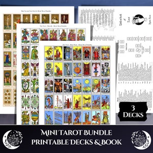 Paquete Mini Tarot Deck, 3 barajas imprimibles completas con libro y reverso a juego
