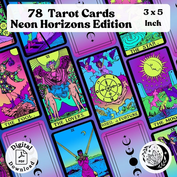 Neon Horizons Tarot Deck: a Pink & Purple Rider Waite Recolor - 78 Large Modern Printable Oracle cards for Divination and Fortune Telling