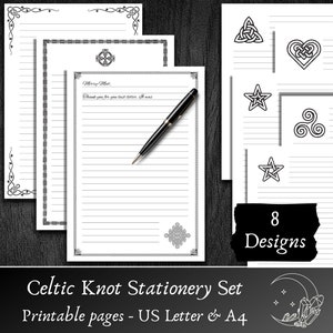 Set di cancelleria stampabile, carta da lettere, design nodo celtico, pentagramma, cancelleria foderata, sfoderata, A4 e lettera USA, stampabile con streghe, PDF