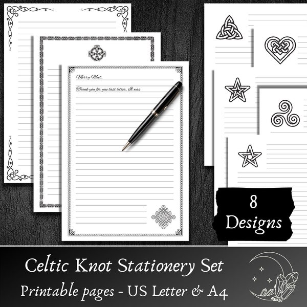 Printable Stationery Set, Letter Paper, Celtic Knot Design, Pentagram, Lined, Unlined Stationery, A4 & US Letter, witchy printable, PDF