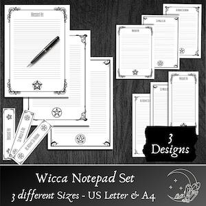Set di cancelleria Wicca, 3 disegni di pentagrammi gotici in 3 dimensioni, carta da lettere a righe stampabile e quaderni per diari, download istantaneo PDF