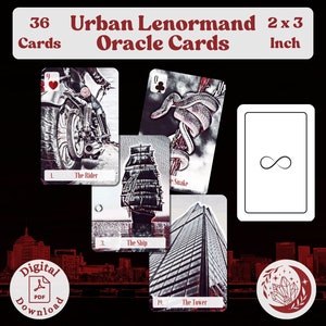 Urban Lenormand Oracle: talia kart do druku składająca się z 36 kart z nowoczesnym czarno-czerwonym wzorem