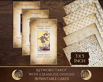 Vintage Parchment Tarot Deck with Keywords, a Complete Printable Deck of 78 Large Oracle Cards for Beginner Divination Readers