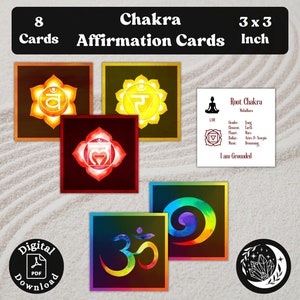 Chakra Card set: 8 printable cards with watercolor illustrations and affirmations, seed sounds, elements, music and more