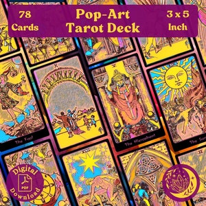 Pop-Art Tarot Deck, complete set van 78 grote afdrukbare Orakelkaarten met moderne roze, blauwe, oranje en gele tinten voor waarzeggerij