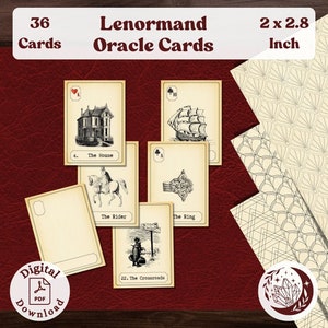 Baraja Lenormand Oracle: 36 cartas imprimibles con un atractivo victoriano vintage. Incluye tarjetas en blanco para personalizar tu mazo y patrones sin fisuras.