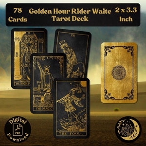 Golden Hour Tarot Deck: een complete set van 78 kleine afdrukbare Rider Waite orakelkaarten met luxe antiek zwart fluweel en gouden tinten