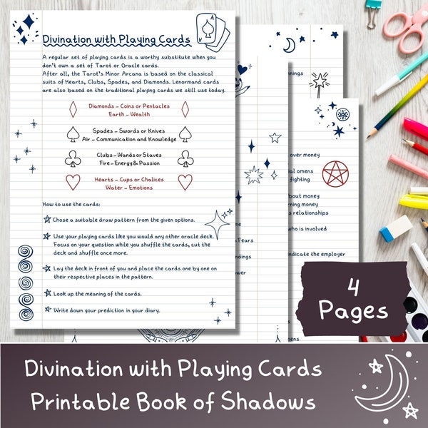 Divination with Playing Cards, Cartomancy, Printable Book of Shadows pages, Grimoire, Simple Oracle Reading, Oracle Card Cheat Sheet