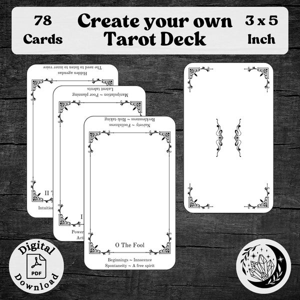 Erstellen Sie Ihr eigenes Tarot Deck mit 78 druckbaren Karten mit Schlüsselwörtern, einem benutzerdefinierten Orakel-Werkzeug für spirituelle Wahrsagung