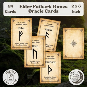 Elder Futhark Rune Oracle: 24 tarjetas imprimibles con runas y palabras clave para la adivinación espiritual con runas nórdicas de Odin