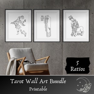 Conjunto de arte de pared imprimible de 3 impresiones de arte de cartas del tarot, arte minimalista de línea continua, el tonto, la fuerza y el ermitaño, decoración de brujería mística