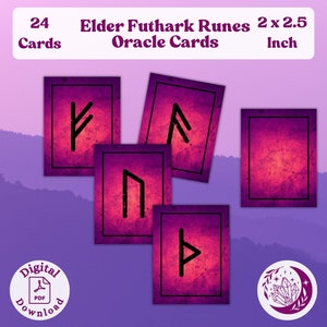 Oracle minimaliste des runes Elder Futhark : un jeu complet de 24 cartes avec un fond violet effet vieilli